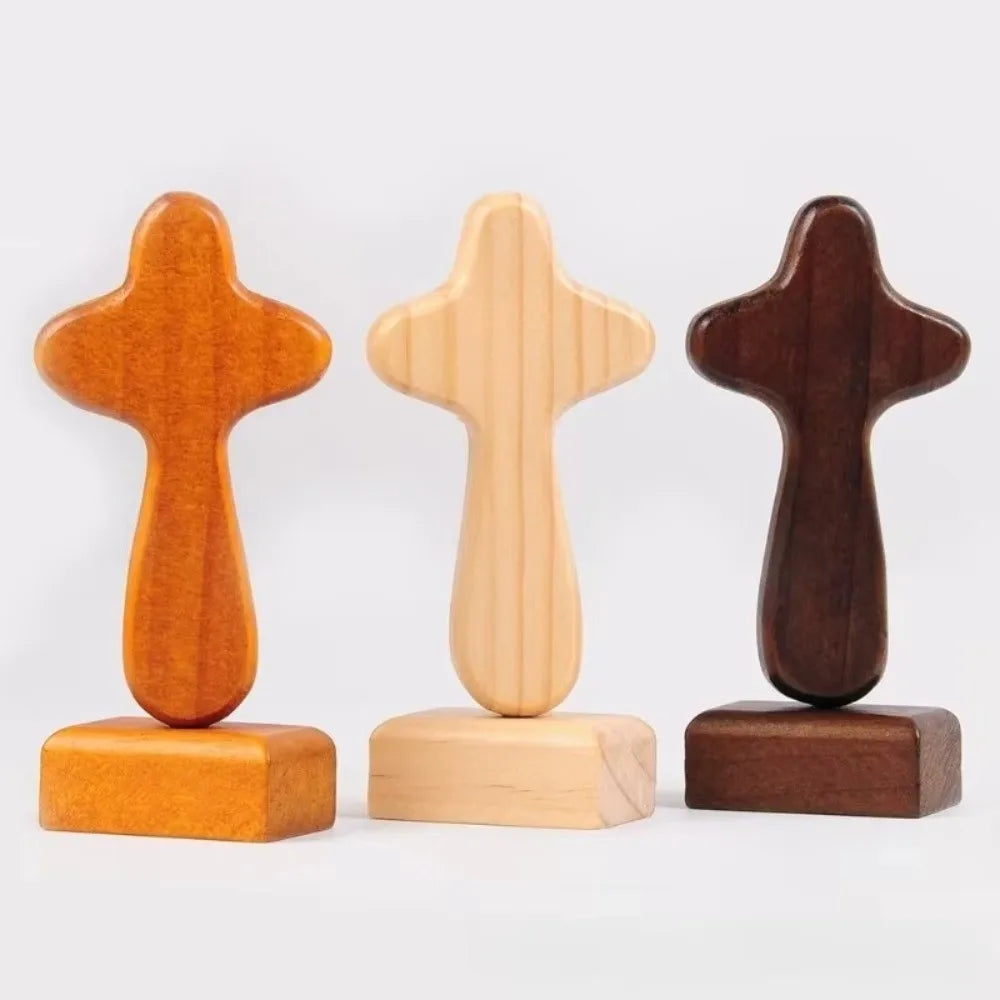 Magnetic Base Wood Cross Statue Portable Vintage Crosses Figurine Standing Handicraft Crucifix Sculpture Bookshelf Display Vue