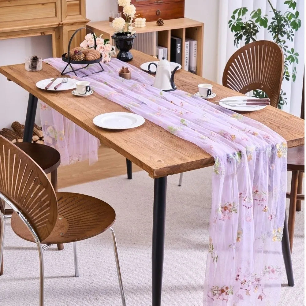 French Vintage Embroidered Floral Table Runner Romantic Semi-Transparent Lace Table Flag Fresh Color Tulle Table Runner Party Vue