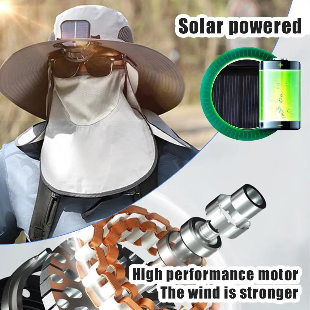 Solar USB Rechargeable Full Face Cover Mute Fan Summer Male Outdoor Fan Hat Big Edge Sun Hat Sunscreen Quick-drying Fishing Hat Vue