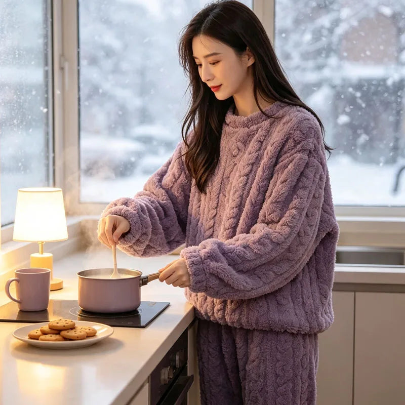Womens Winter Coral Fleece Lounge Set Solid Color Jacquard Knit Pajama Suit Long Sleeve Top and Pants Warm Sleepwear Vue