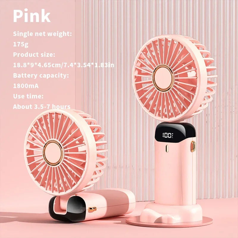 USB Handheld Mini Fan Foldable Portable Neck Hanging Fans 5 Speed USB Rechargeable Fan with Phone Stand and Display Screen Vue E