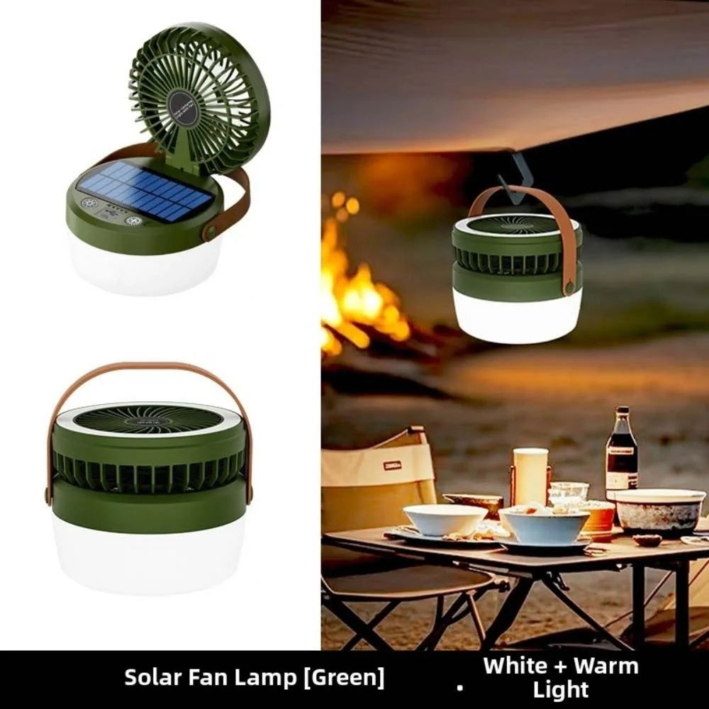 Camping Folding Fan Light Multi Functional USB Rechargeable/Solar Cooling Fan with Light Compact Adjustable Tent Hanging Lantern Vue Green