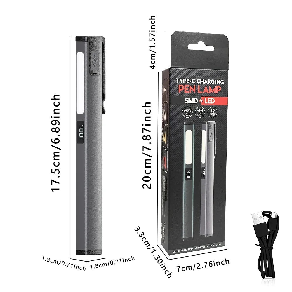 Rechargeable Pen Light Flashlight Led Pen Flashlight Pocket Light for Camping Work Repair Outdoor Small Mini Cob Light Magnets Vue white light GRAY Li-Polymer Battery