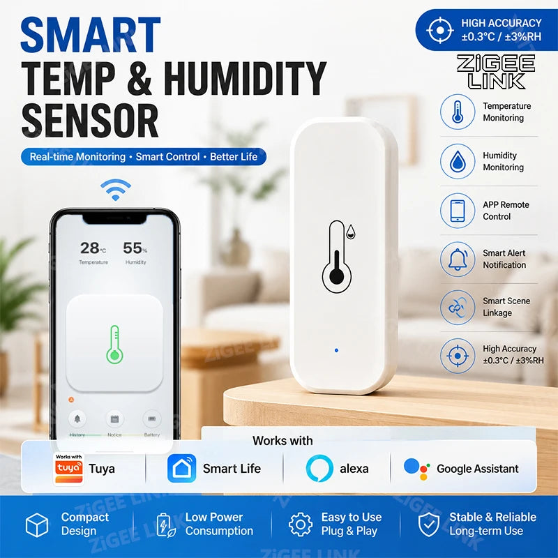 Zigbee3.0 Temperature Humidity Sensor Digital Thermo Hygrometer Indoor Monitor APP Remote Notification Smart Home Device Vue