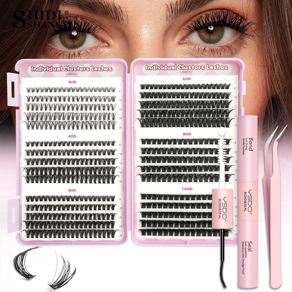 32/30/14Row Eyelash Extensions Kit 30D/100D Individual Lashes Kit 9-16mm Clusters Lashes Natural Long False Lashes Bond and Seal Vue