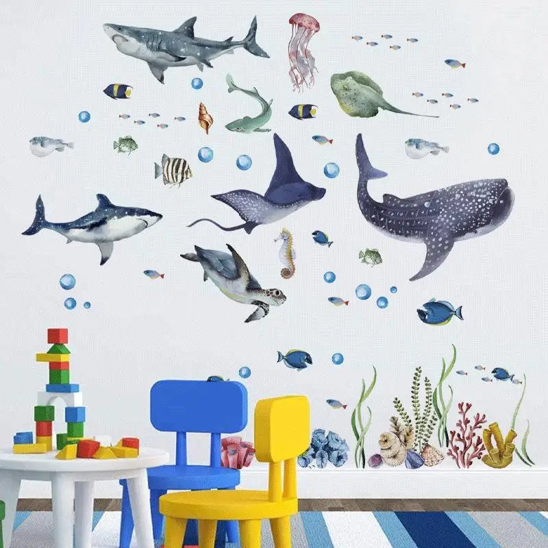 Watercolor Ocean Shark Wall Decals Marine Fish Stickers Removable for Kids Nursery Sea Animal Themed Room Decor Vue