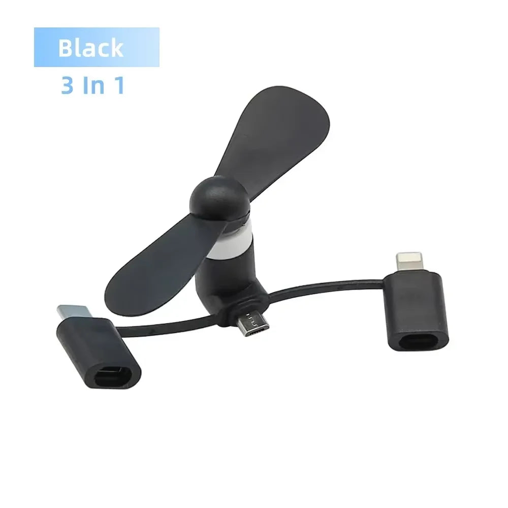 Portable 3 IN 1 Mini Fan USB Mobile Phone Cooler Fan For iPhone Samsung Xiaomi Micro/Type-C/IOS Universal Cooling Accessories Vue 1PCS-SJFS-D