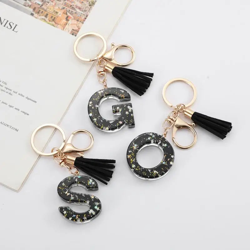 Black Glitter Star Sequins Resin 26 Letters Keychain Initials A-Z Keyring Tassel Charm Accessories Backpack Hanging Decoration Vue