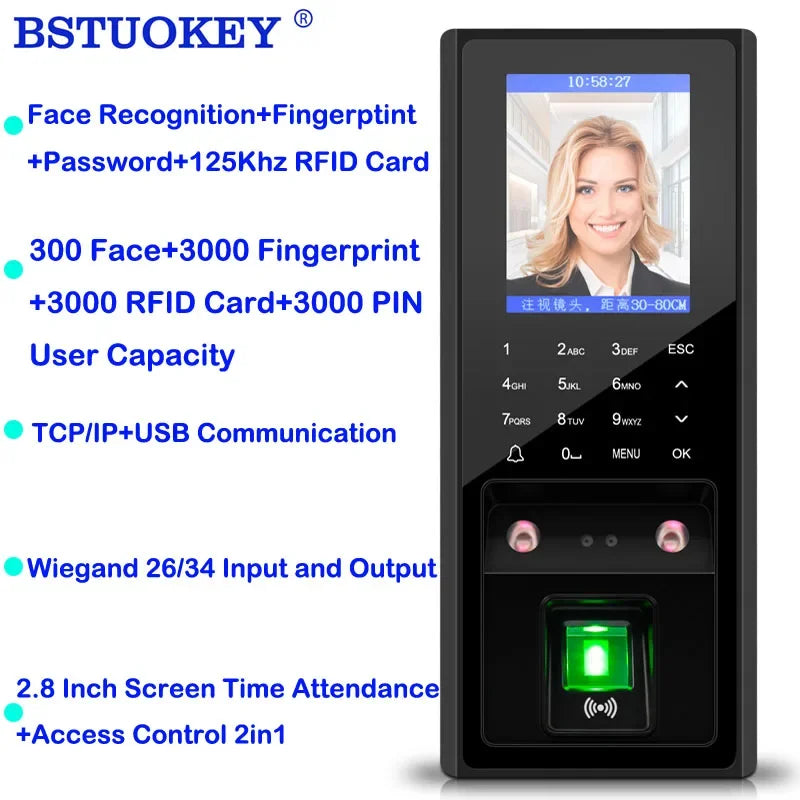 Fingerprint Face Access Control System 2.8 inch LCD TCP/Ip USB Biometric Time Clock 125khz Rfid 300 Face 3000 Figner Card User Vue