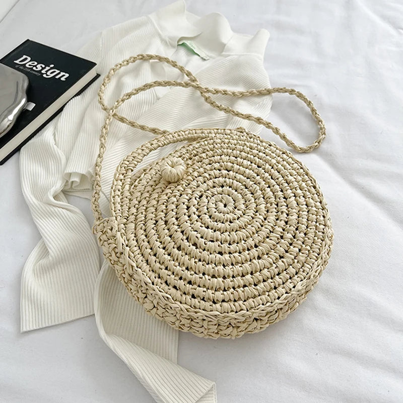 Round Straw Crossbody Bag Handmade Woven Shoulder Women Summer Beach