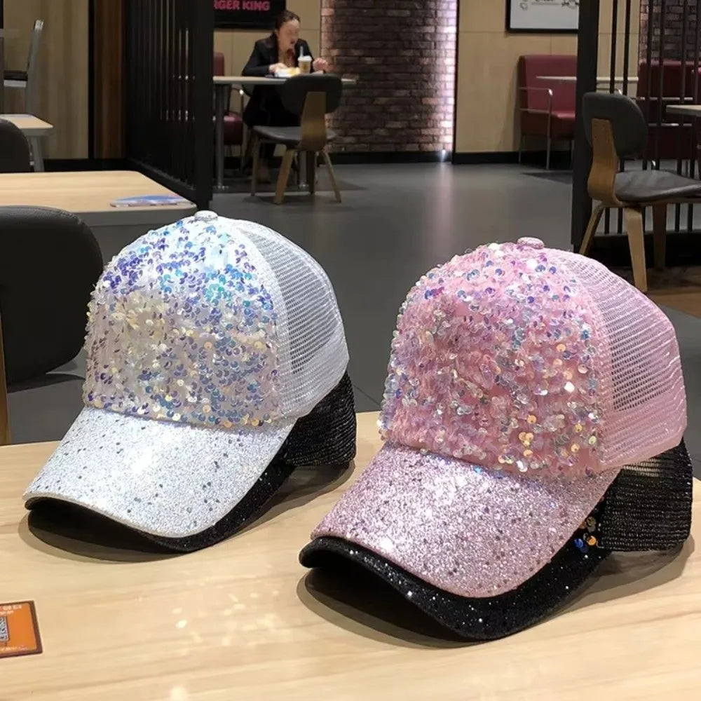 Fashion Breathable Shiny Sequin Baseball Cap Mesh Casual Women Sun