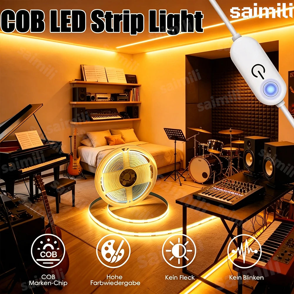 USB LED Strip Lights 5V 320LEDs/M Touch Dimmer COB LED Strip Flexible Lamp Tape DIY TV Mirror Backlight Kitchen Room Lighting Vue