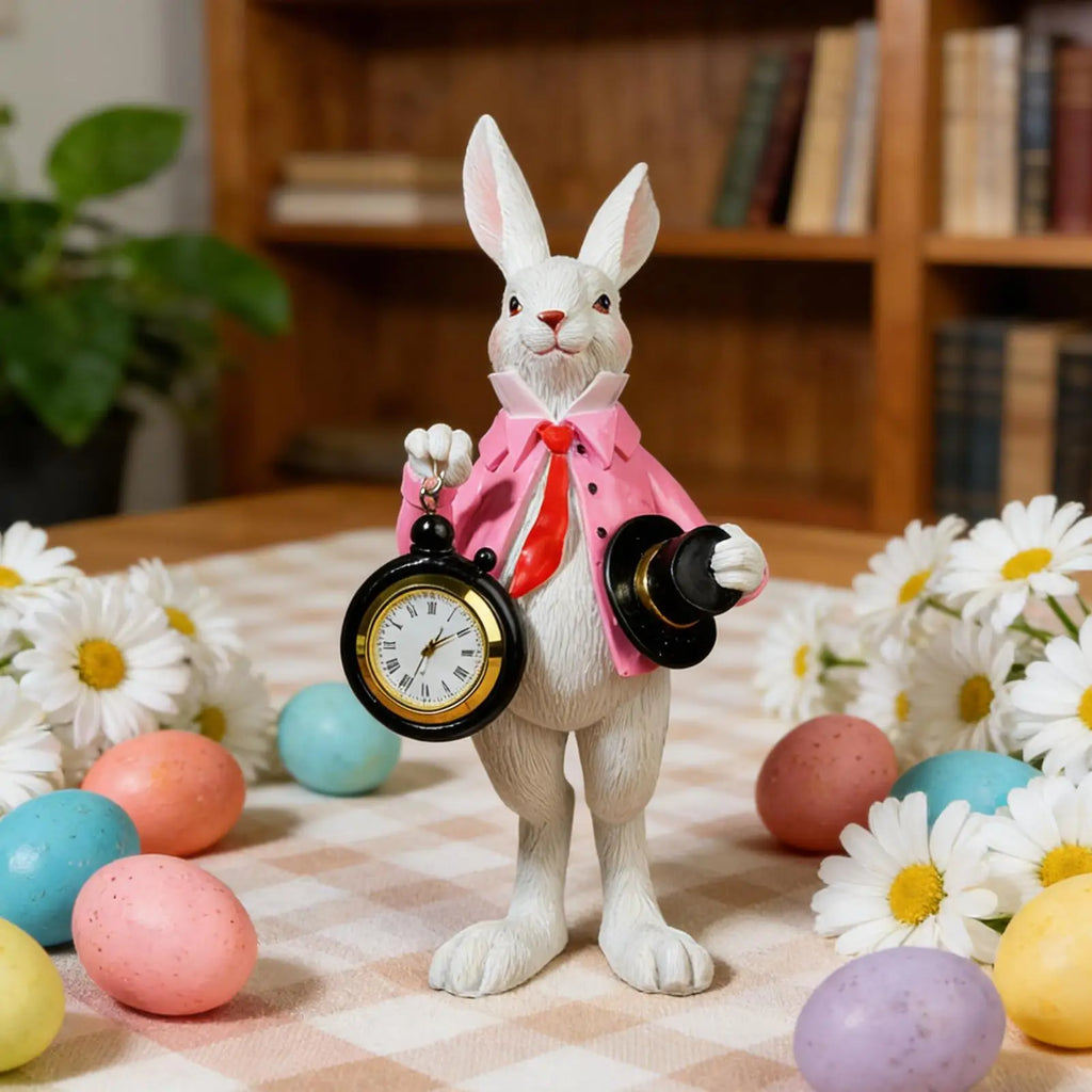 9x9x21cm Cute resin Easter Bunny Figurine with Clock & Top Hat Mini Decor for Bedroom Office Farmhouse School Home Living Room Vue