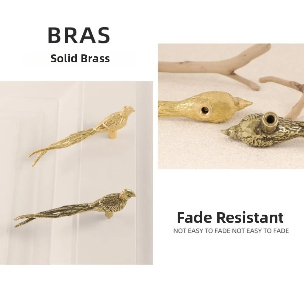 Trendy Retro Longtail Bird Brass Handle Vintage Single Hole Cabinet Door Knobs Gold Push-pull Wardrobe Drawer Pulls Cupboard Vue