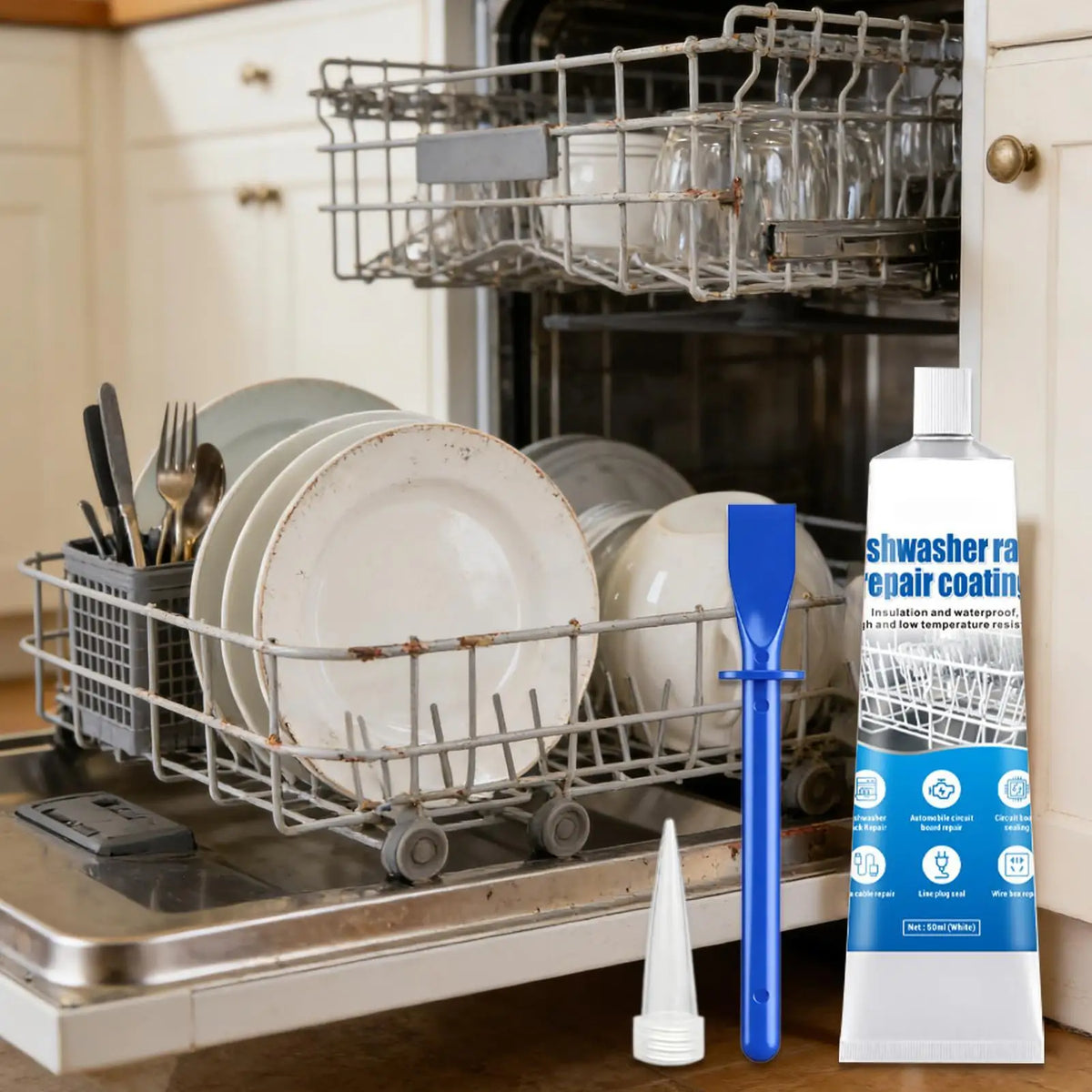 50ml Anti Rust Glue Dishwasher Rack Repair Paint with Tip Scraper for Home Kitchen Appliance Apartment Restaurant Cafe Vue