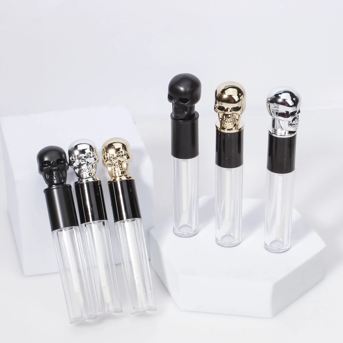 Custom Lip Gloss Tubes Unique Skull New Design Round Bottle Makeup Applicator Plastic Cosmetic Empty Lip Oil Package 50pcs Bulk Vue
