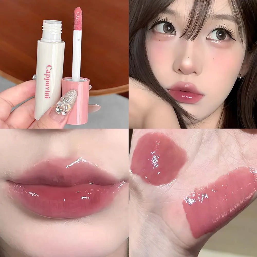 Pink Crystal Mirror Glass Lip Gloss Round Tube Water Light Lipstick Clear Jelly Lip Glaze Nude Clear Moisturizing Lip Tint Vue 07