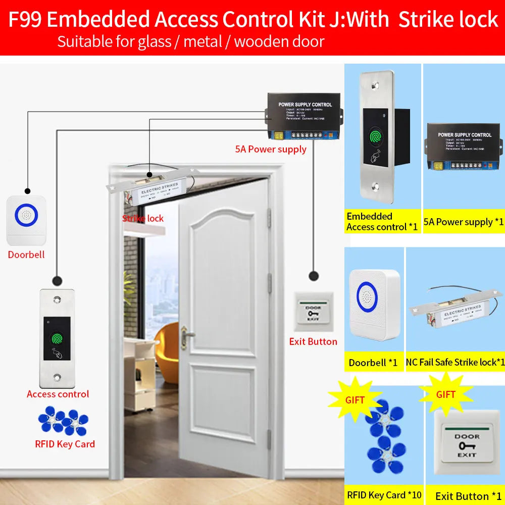 Metal Embedded Access Control Kits F99 Sets 125KHz RFID Keyfob Reader Fingerprint Door Lock Electric Gate Door Opener Waterproof Vue