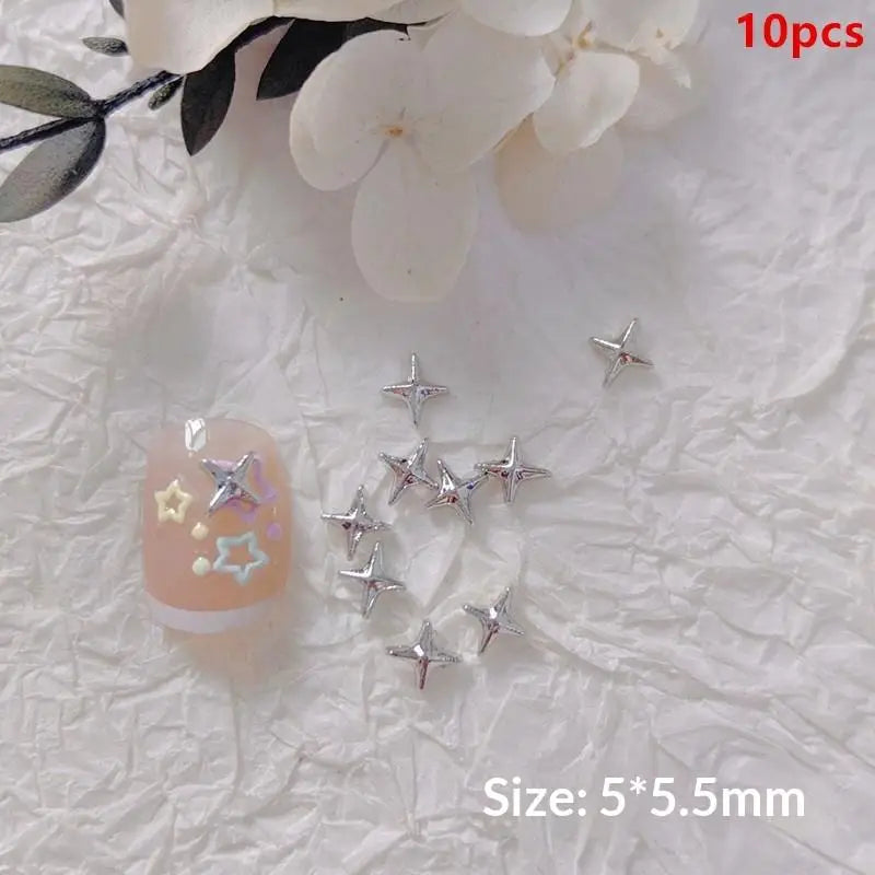 Lovely 10 PCS Four-pointed Star Nail Charms for Girls Perfect for Artistic Mani Pedi at Home or Salon Vue Silver