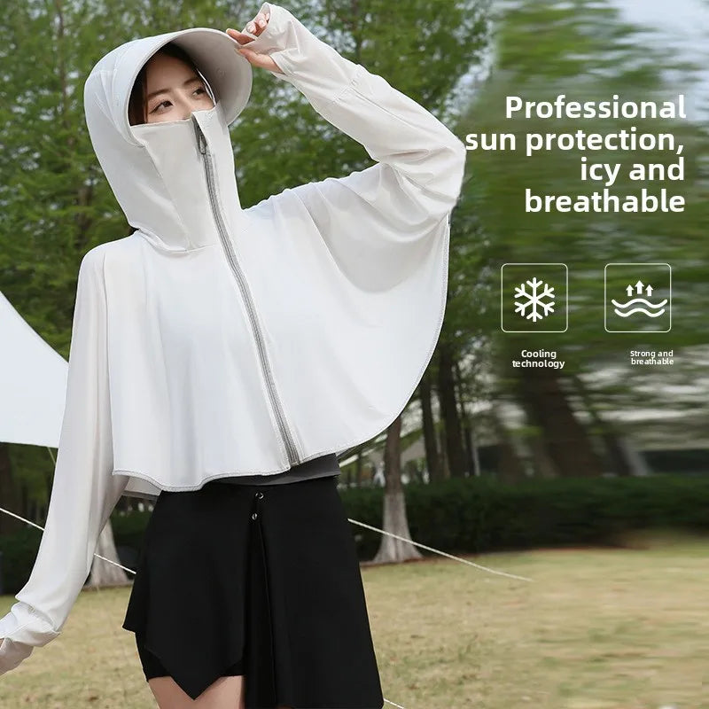 Ice Silk Hooded Sun Protection for Women Brim UV Blocking Breathable Cooling Outdoor Cycling Travel Casual Daily Cover Up Vue White A