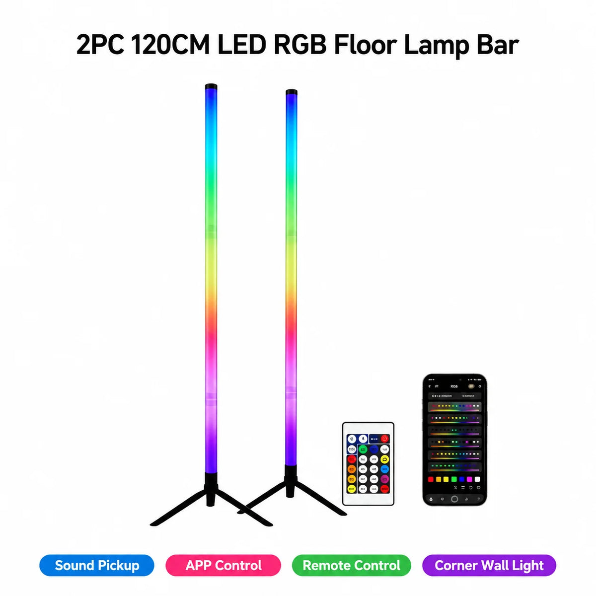 120CM RGB Corner Floor Lamp, Sound Pickup LED Light Bar for Gaming Room, E-Sports Setup Bedroom Ambient Decoration Vue