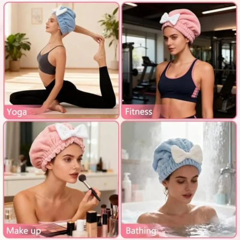 Super Absorbent Hair Towel Wrap Wet Hair, Microfiber Wrap, Bow-Knot Button-Free Coral Fleece Dry Hat, Turbans Long Thick Curly Vue