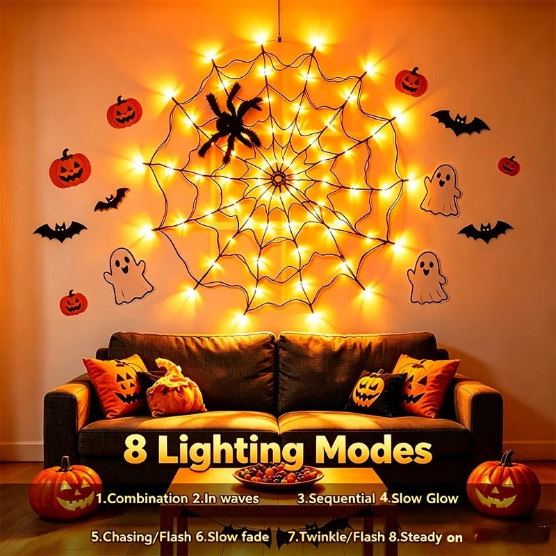 Halloween Spider Web Glowing Lamp 70LED Battery Powered 8 Modes For Haunted House Scene Ghost Festival Home Party Holidays Decor Vue