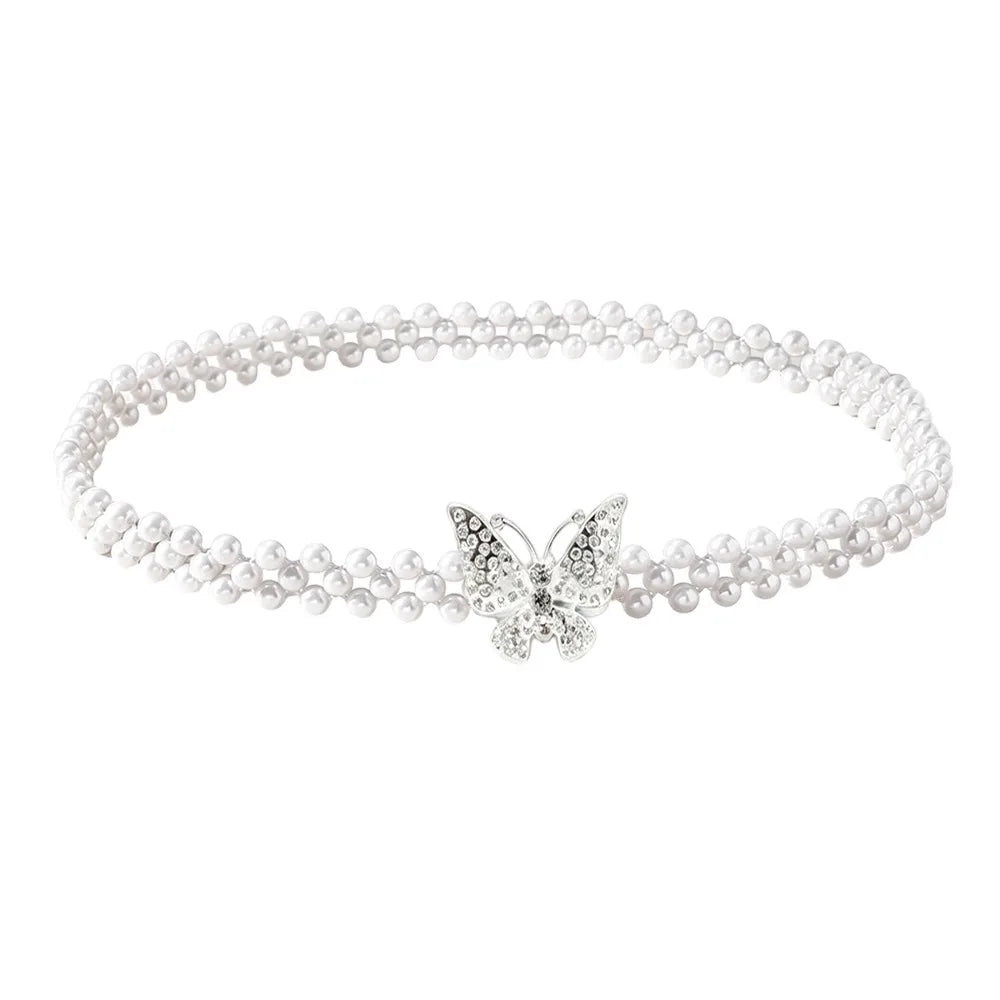 Pearl Beads Waist Chain Stretch Elastic Band Thin Narrow Waistband Vue F