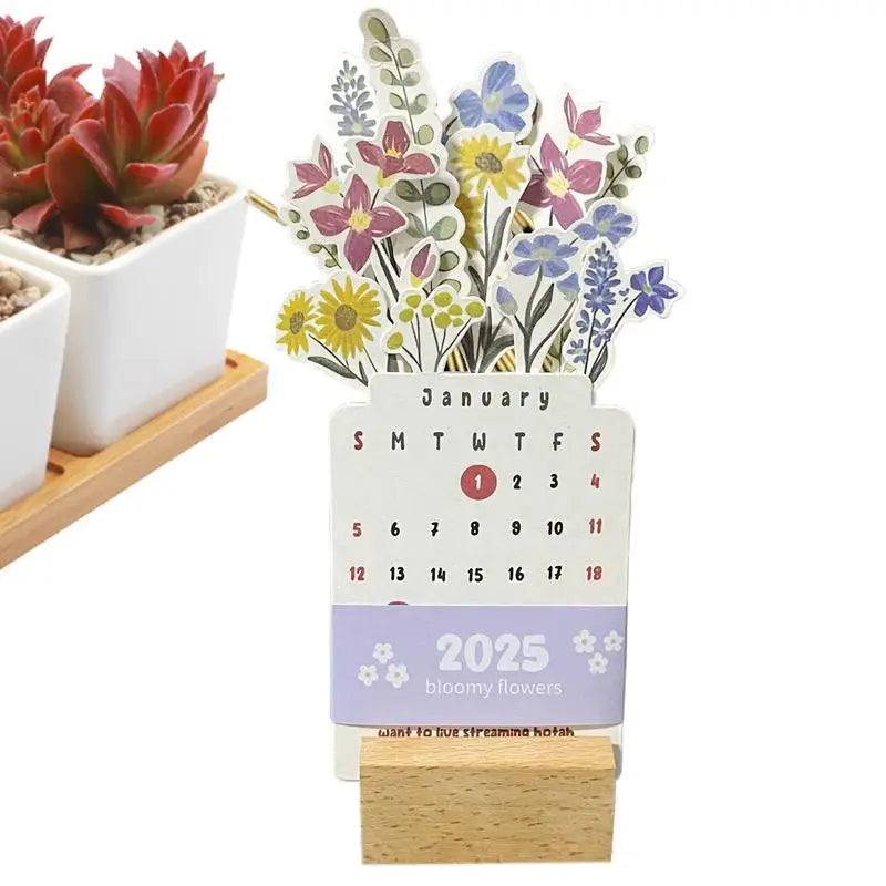 2025 Bloomy Flowers Wooden Desk Calendar – Floral Card Stand Floral Desk Calendar Vue