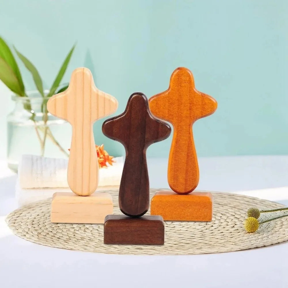 Magnetic Base Wood Cross Statue Portable Vintage Crosses Figurine Standing Handicraft Crucifix Sculpture Bookshelf Display Vue