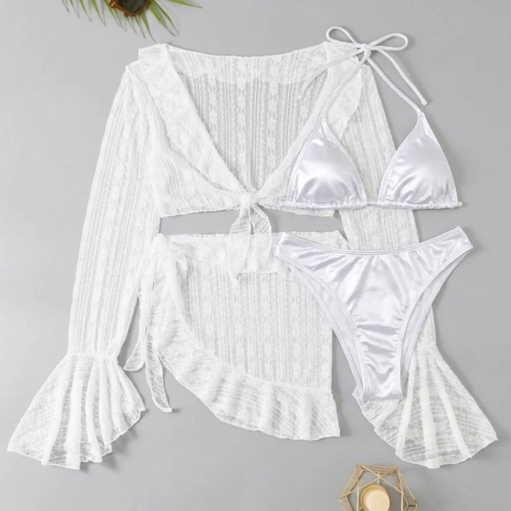 Fashion Summer Women Swimsuit Long-sleeve Casual Bikini Vacation Vue White S