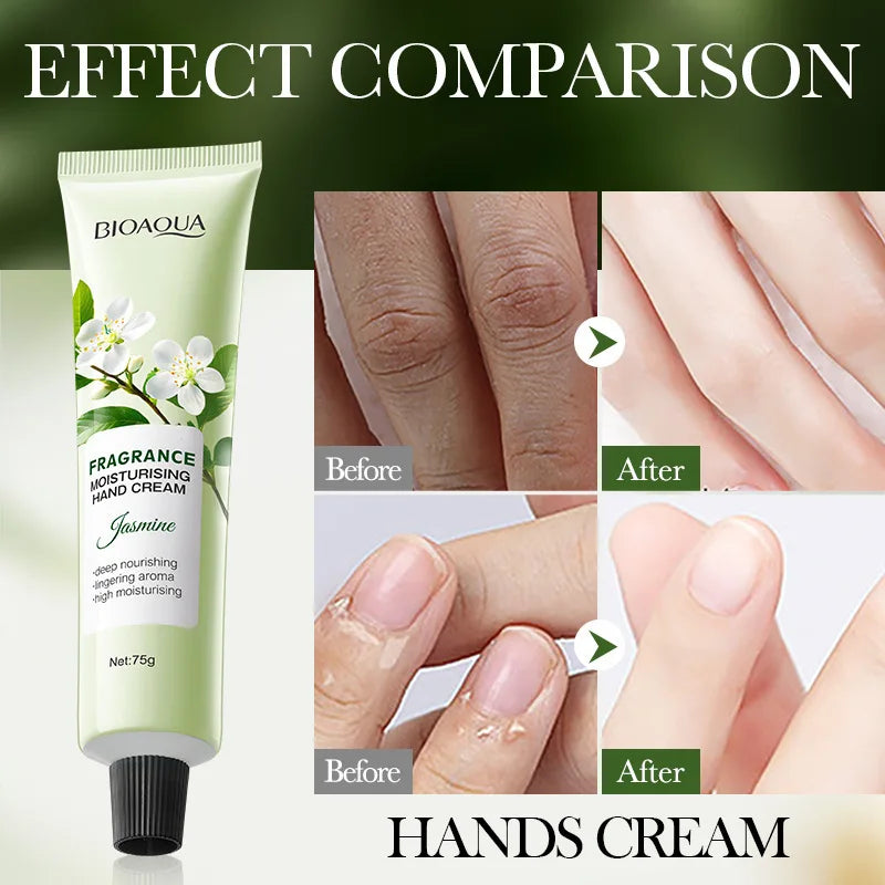 Jasmine Moisturizing Hand Cream, with a Gentle Touch, the Scent of Jasmine Fills the Air, Deeply Moisturizes and Nourishes, Repairs Dry and Rough Skin, Leaving Hands Soft and White. Vue