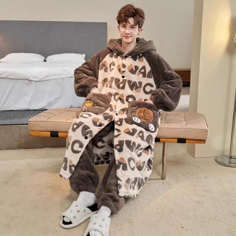 Pajamas Autumn And Winter Men'S Fleece Thickened Coral Fleece Bathrobe Cartoon Character Capybara Conan Bathrobe Set Vue