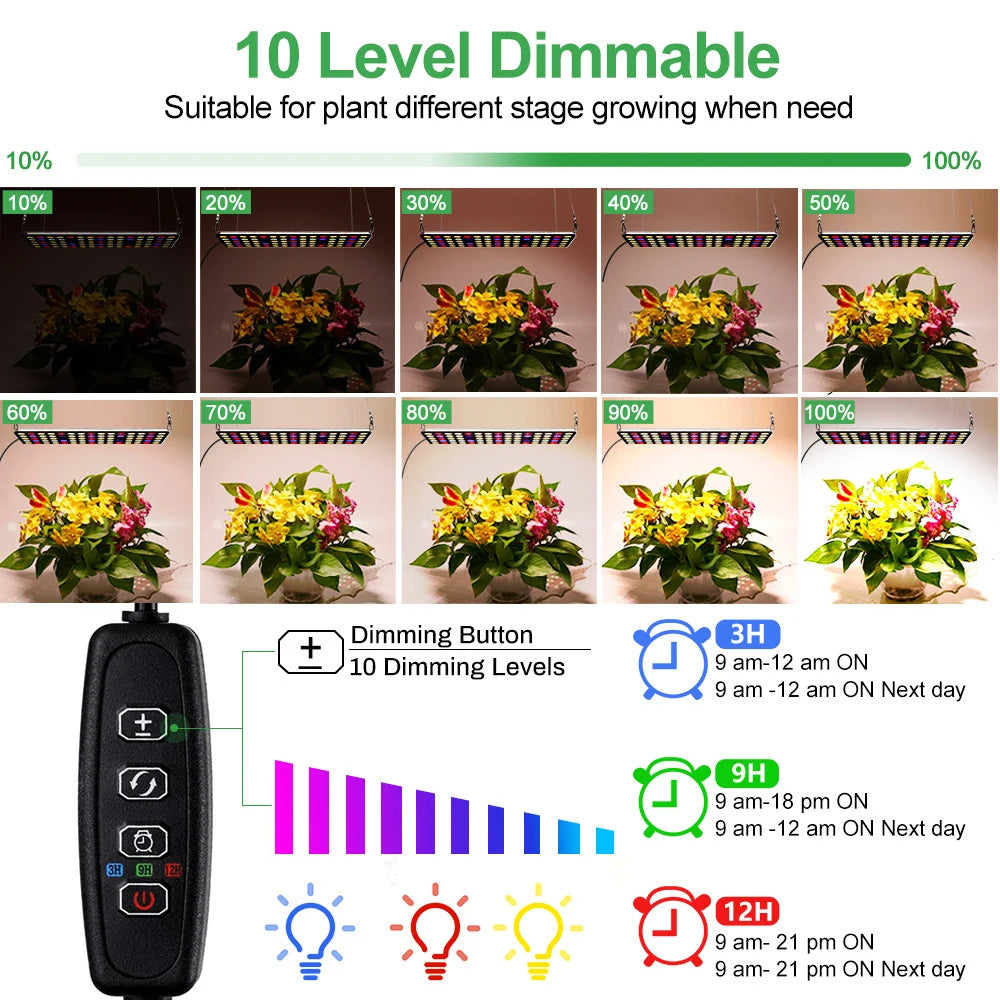 Dimmable LED Grow Light Full Spectrum 300W with Dimmer Timer for Indoor Tent Garden Hydroponics Seedling Veg Bloom Plant Lamp Vue