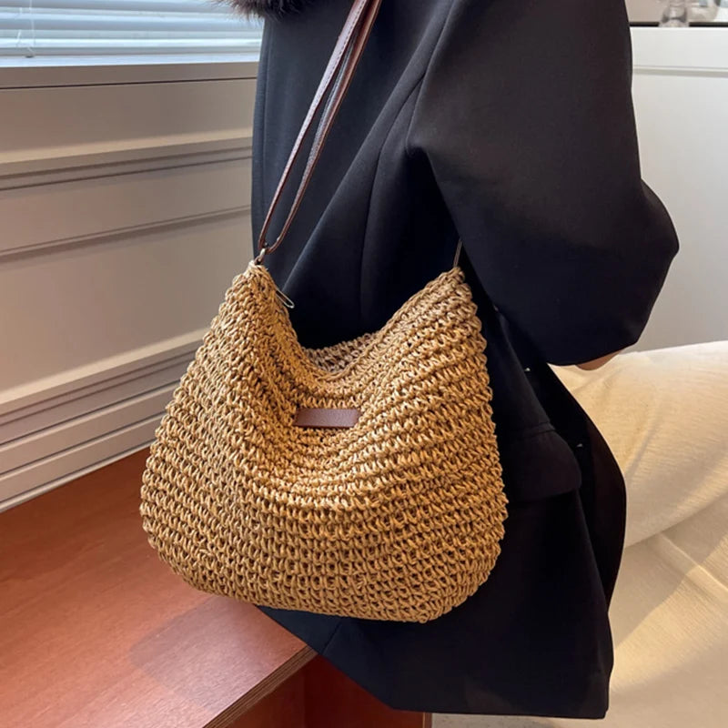 Summer Rattan Crossbody Bags Women Saddle Straw Woven Shoulder Bag