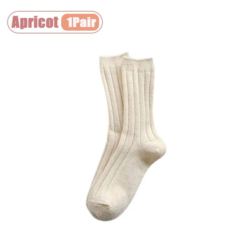 1-10Pairs Winter Warm Socks Thickened Solid Color Mid Calf Soft Breathable Thermal Cozy Crew Socks for Cold Weather Daily Wear Vue Apricot-1Pair One Size
