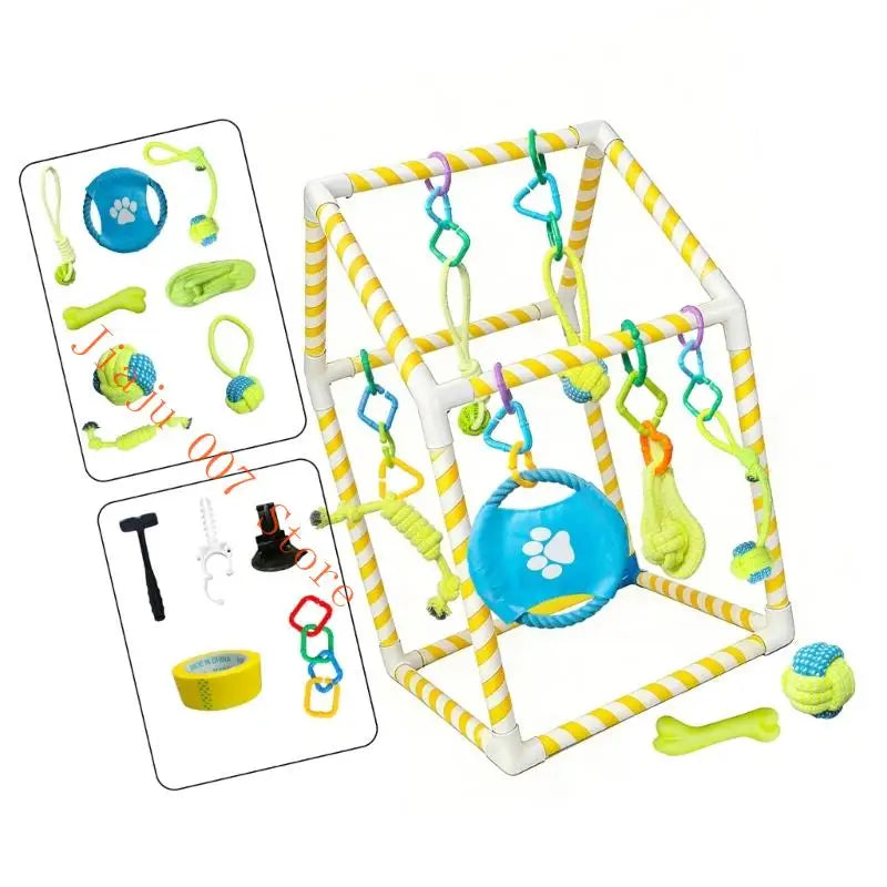 Interactive Dog Play Gym Set – 8 Hanging Accessories Dog Play Gym Set Vue
