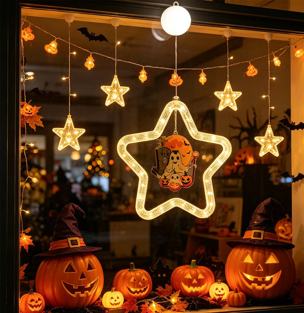 Warm White Star Shaped Halloween Window LED Light, Suction Cup Decor Lamp for Indoor Wall Home Halloween Party Decoration Vue