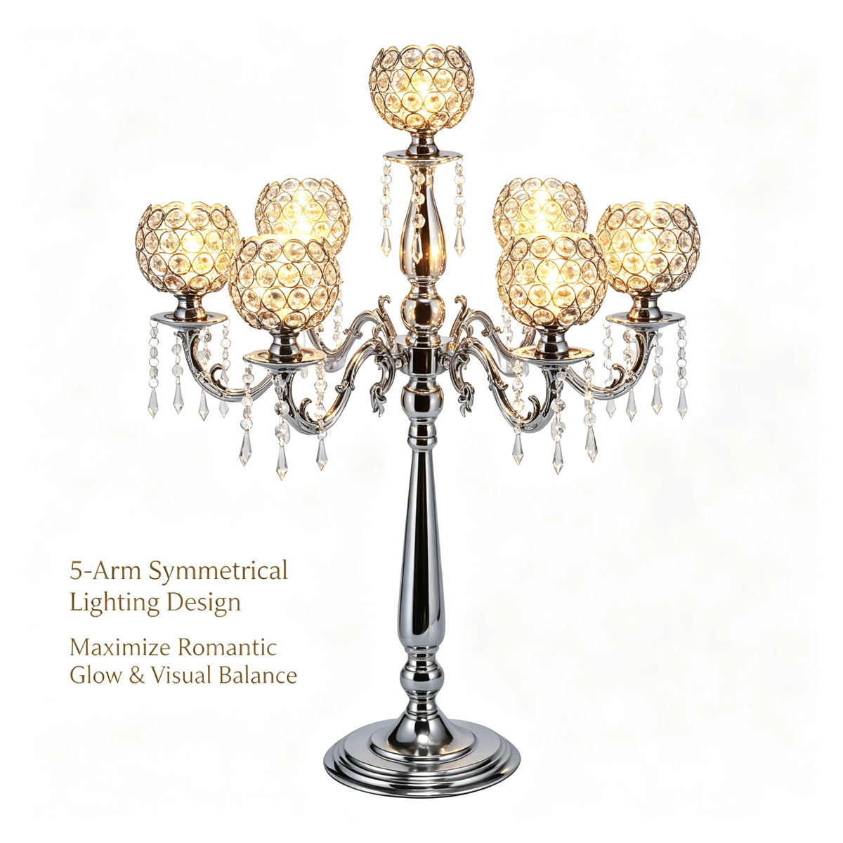 Five-Arm Crystal Drop Candelabra Silver Tabletop Candle Holder Candelabra Vue