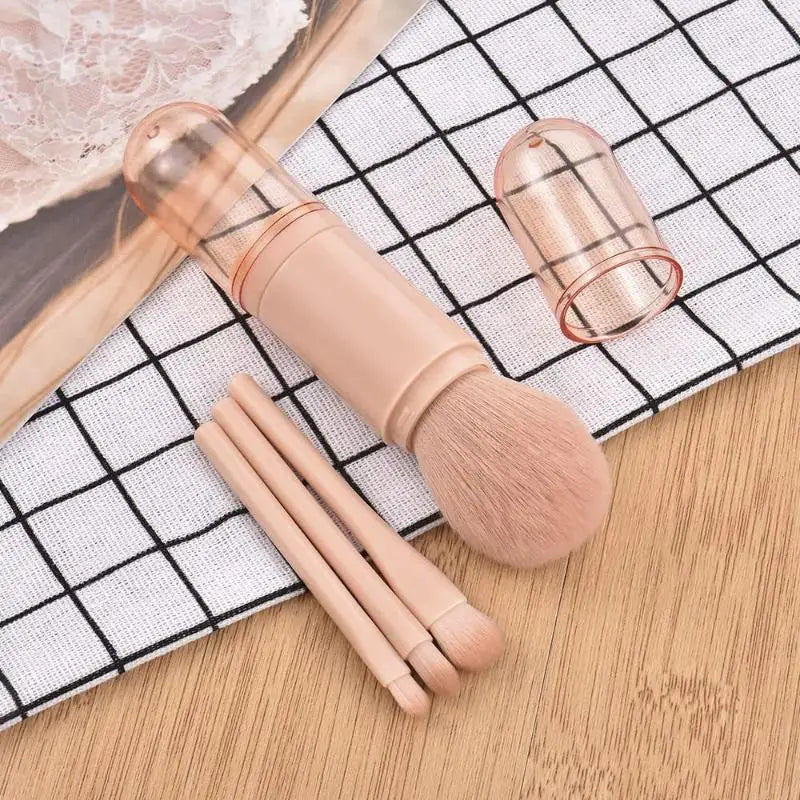Retractable 4 in 1 Makeup Brushes Set Portable Kabuki and Three Eye Brushes for Quick Touch Ups Compact for Handbags and Travel Vue