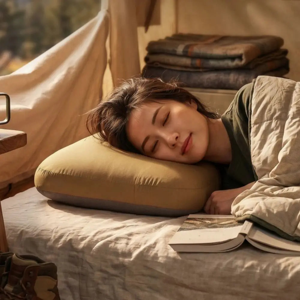 Breathable Slow Rebound Camping Pillow Removable Soft Sleeping Pillow Space-saving with Storage Bag Cervical Pillow Lunch Break Vue