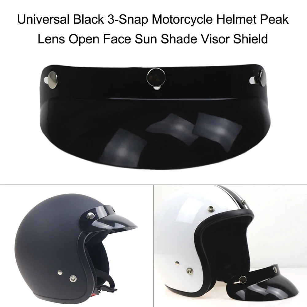 Universal Black 3-Snap Motorcycle Helmet Peak Lens Open Face Sun Shade Visor Shield Vue