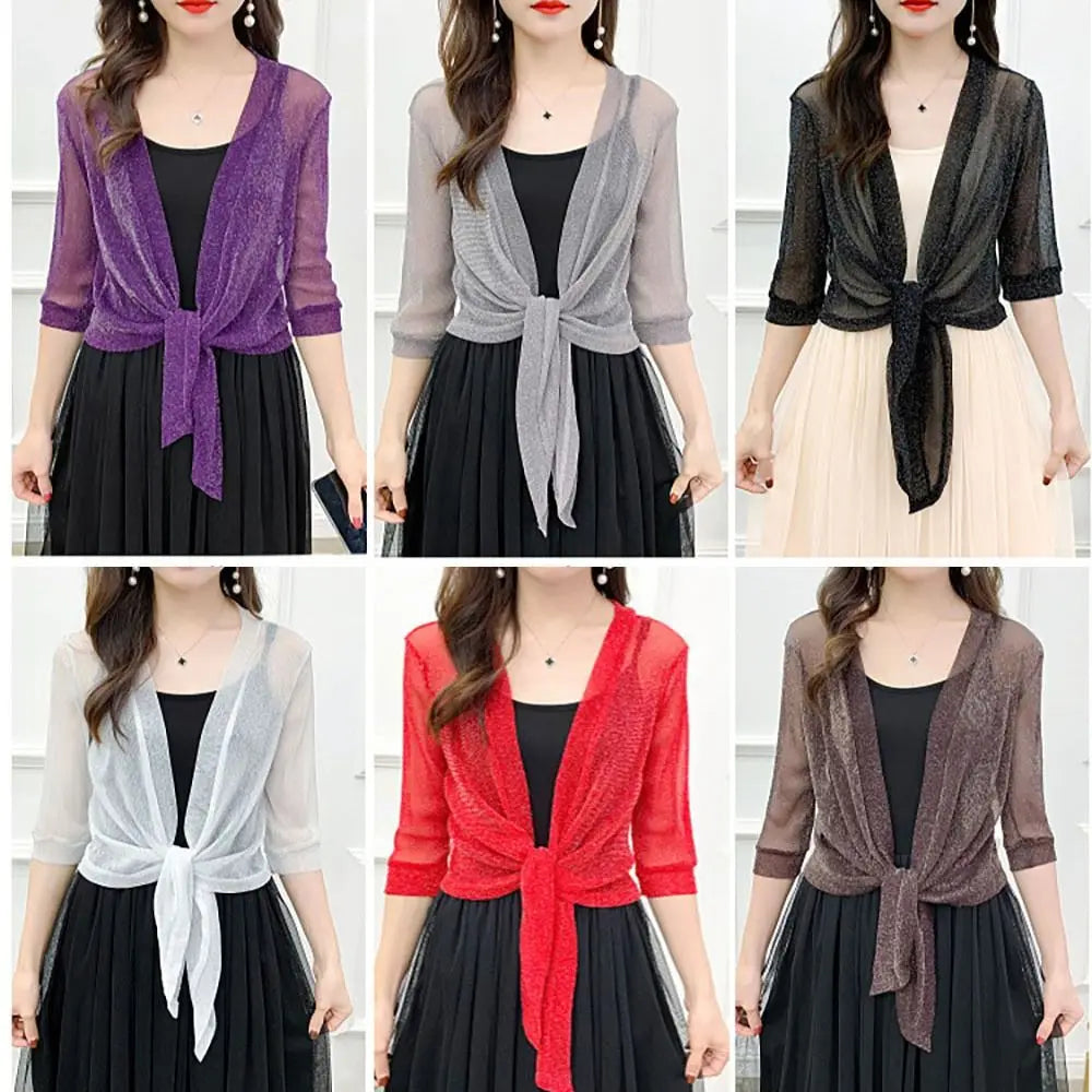 Glitter Tie Up Open Front Shrug Ladies Shawl Cropped Beach Summer Sun