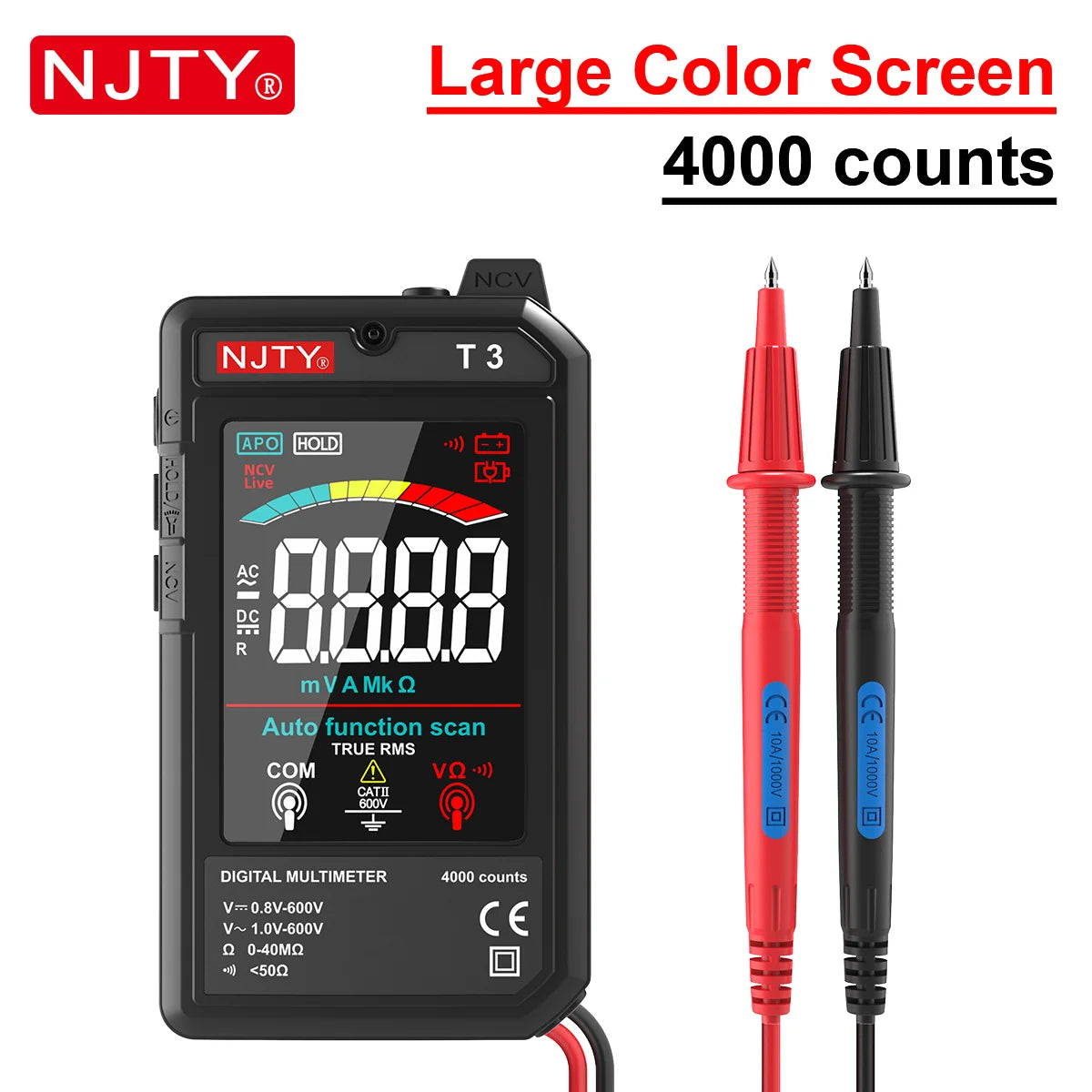 NJTY T3 MINI Smart Digital Multimeter Color Screen USB Rechargeable 4000 Counts Auto Ranging Voltage Resistance NCV Live Wire Vue black