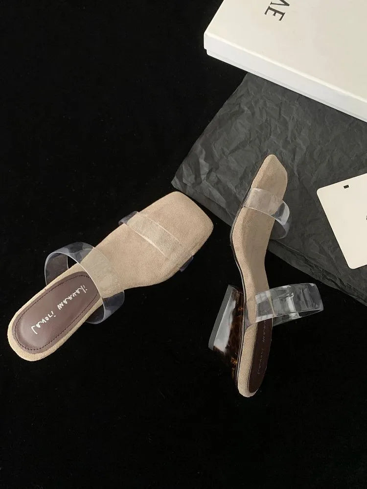 Women's Transparent Wedge Heel Square Toe Slippers Wedge Heel Slippers Vue beige 34