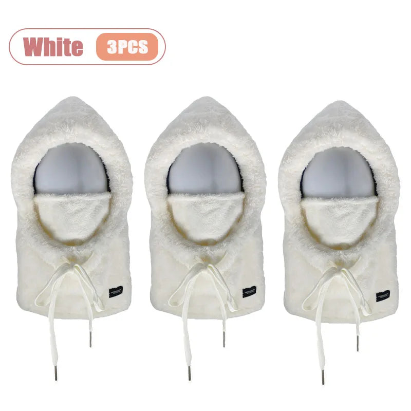 1-5PCS Women Winter Thick Beanie Hat with Scarf and Face Mask Windproof Thermal Mask for Cycling Snowboard Cold Weather Outdoor Vue White-3PCS