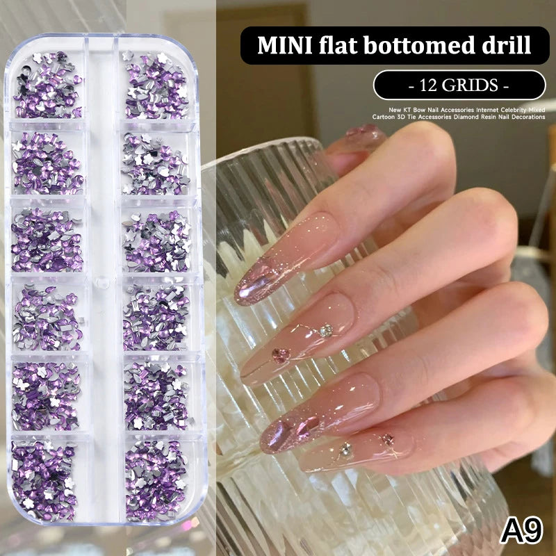 12 Grids/Box Nail Art Multi Shape Flat Back Crystal Rhinestone Dazzling Diamonds Strass Manicure Tip 3d Decoration Vue A9
