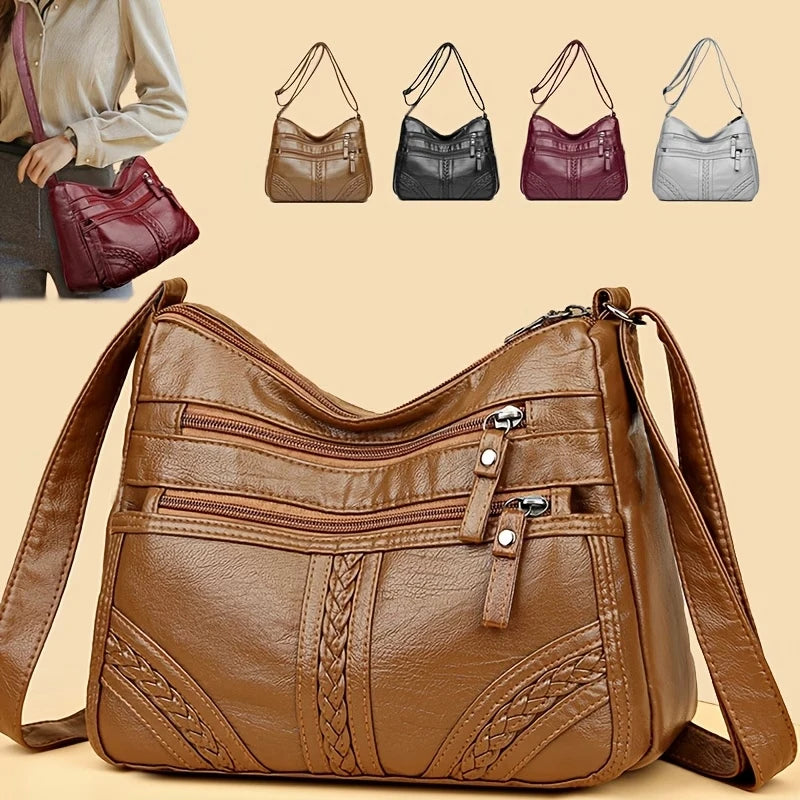 Stylish Leather Shoulder Bag Women Multi Pocket Crossbody Hobo Soft