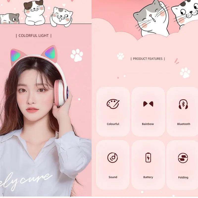 Cat Ears Headphones Flash Light Wireless With MIC Control LED Kid Stereo Cute Music Bluetooth Phone Headset Earphone Girls Gift Vue