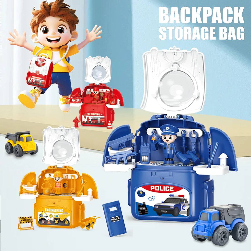 DIY Package Car Engineering Backpack, Mini Storage Play House Toy Car Bag Engineering Fire Fighting Police Style Model Toys Gift Vue